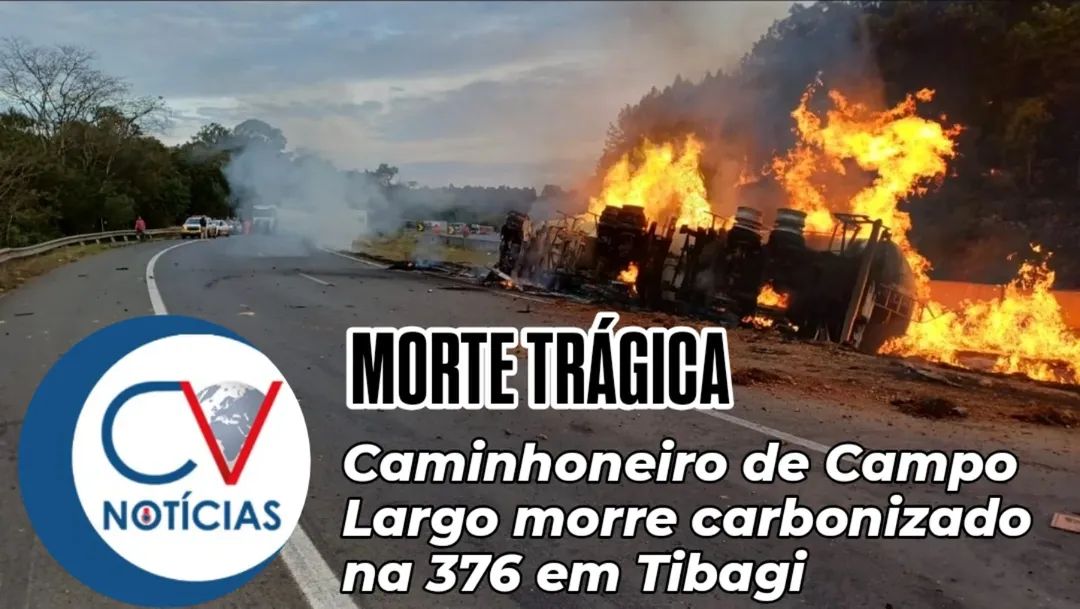 ​Carreta com etanol tomba, pega fogo na BR-376 em Tibagi e caminhoneiro morre carbonizado